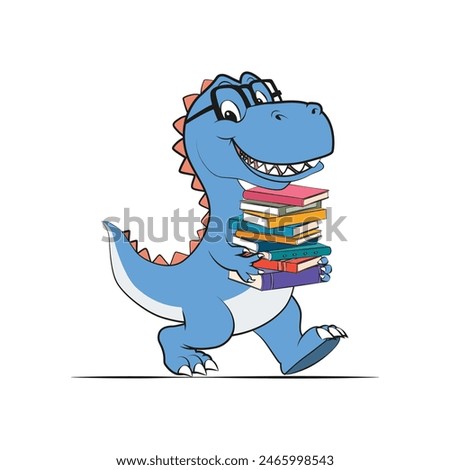 Funny cartoon of a happy smart dinosaur walking with books in hands. Vector illustration for tshirt, website, clip art, poster and print on demand merchandise.