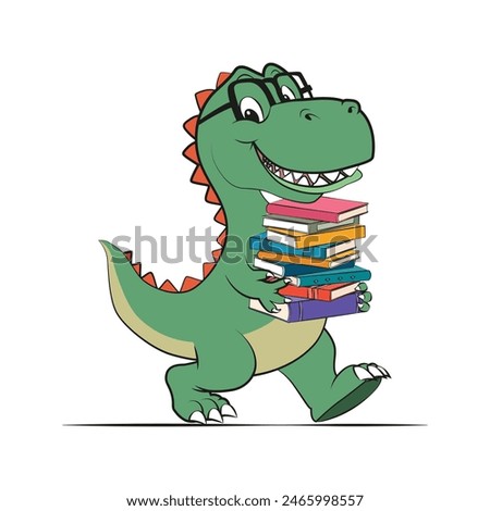 Funny cartoon of a happy smart dinosaur walking with books in hands. Vector illustration for tshirt, website, clip art, poster and print on demand merchandise.