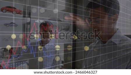 Image of financial data processing over business people in office. Global business, finance, computing and data processing concept digitally generated image.
