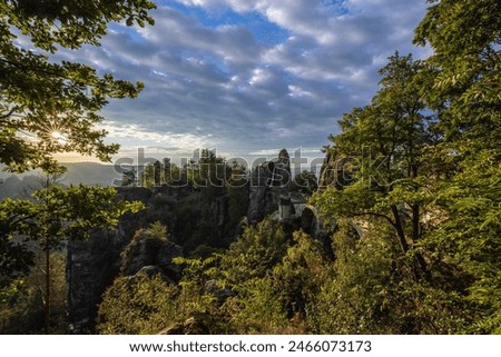 Landscape shot in the morning in a rocky landscape. On and around the Bastei Bridge in the Elbe Sandstone Mountains near Dresden, Saxony, Germany