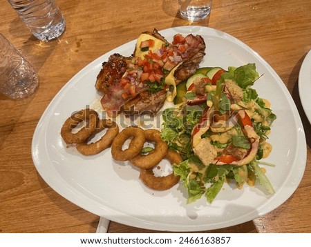 This picture shows a delicious meal.  There was a large piece of grilled meat.  Cut into bite-sized pieces.  Topped with brown sauce  Garnish with fried onions.  Eat with fresh salad vegetables