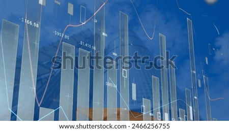 Image of statistical data processing against low angle view of tall buildings. Computer interface and business data technology concept