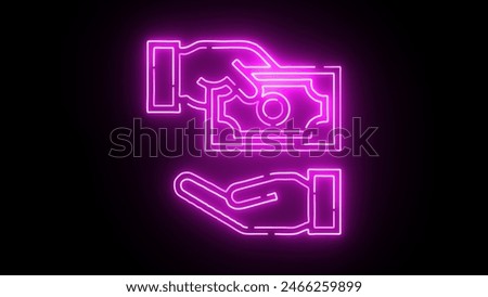 Glowing neon line Donation hand with money icon isolated on black background. Hand give money as donation symbol. Donate money and charity concept. 4K Video motion graphic animation.