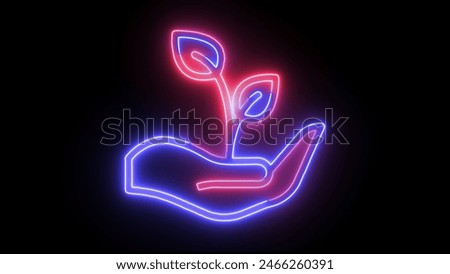 Glowing neon line Plant in hand of environmental protection icon isolated on black background. Seed and seedling. Planting sapling. 4K Video motion graphic animation.