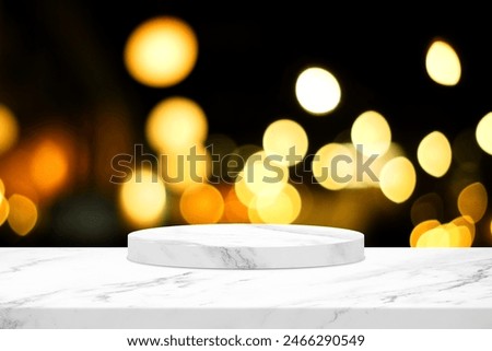 White Marble Table and Marble Cylinder Podium with Beautiful Blurred Bokeh Background, Suitable for Cosmetic Product Presentation Backdrop, Display, and Mock up.