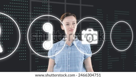 Image of multiple digital icons against caucasian businesswoman touching futuristic screen. Computer interface and futuristic business technology concept