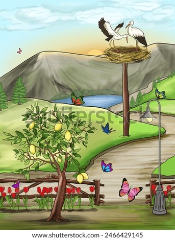 storks, lemon tree, butterflies and tulips in a nature with mountain and lake view. story illustration
