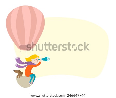 Girl and her dog flying in a hot air balloon, horizontal banner