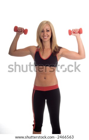 Young blond woman working out in the gym curling with a pair of 3 pound hand weights