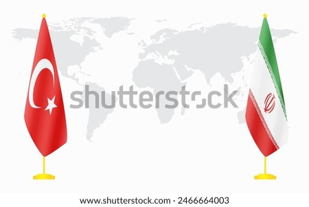 Turkey and Iran flags for official meeting against background of world map.