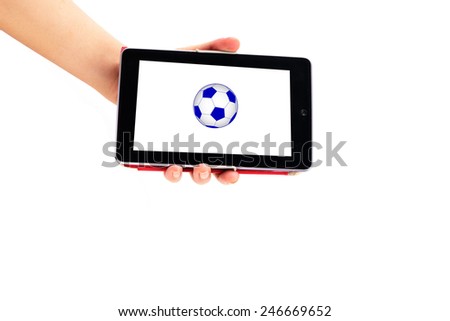 Hand holding Smartphone for lookig live football isolated on white