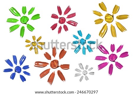 Group of multicolor painted abstract flowers on white
