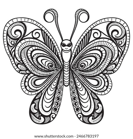 Doodle Ornate Butterfly, Adult Coloring Page Template. Vector illustration