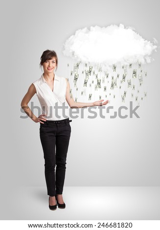 Woman with white cloud and money rain concept
