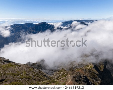 Aerial view of the highest mountain, Pico Ruivo on Madeira island, Portugal.