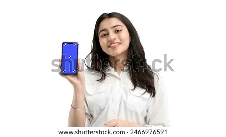 A woman, close-up, on a white background, shows a phone