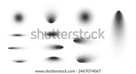 Dot grain noise gradient pattern shape set. Abstract oval and round elements with shadow spray sand effect. Vector illustration isolated on white background.