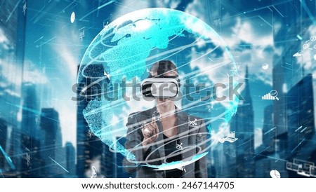 Businesswoman sliding and pointing circle finance data world shape monitor through by VR glasses global market interface digital infographic network technology visual hologram animation. Contraption.