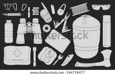 Set of survival camping equipment flashlight, canned food, fork, food container, pocket knife, ax, carabiner, whistle, batteries, radio set, lighter, compass and others. Chalkboard illustration 