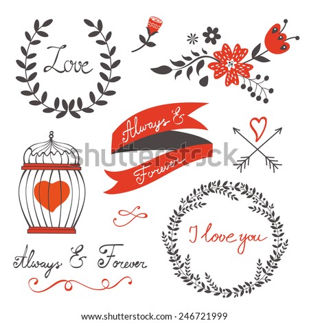 Beautiful love set with elegant frames, flowers and other graphic elements. Vector illustration