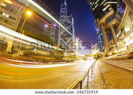 Traffic in the financial district of Hong Kong at night, fisheye view