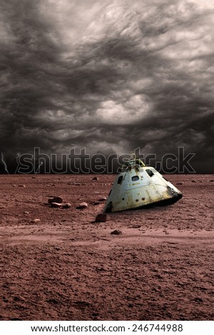 A scorched space capsule lies abandoned on a barren world. Storm clouds and lightning are the background. - Elements of this image furnished by NASA.