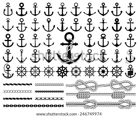Set of anchors, rudders icons, and ropes. Vector illustration. Royalty-Free Stock Photo #246749974