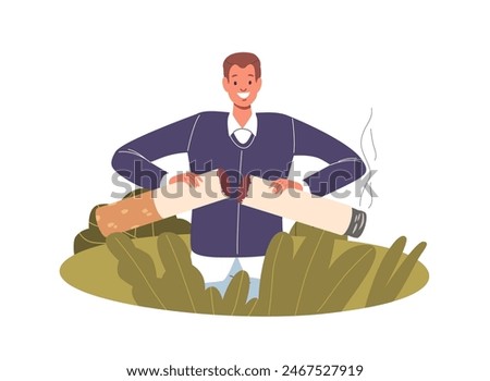Happy Smiling Man Breaking A Cigarette In Half, Symbolizing Anti-smoking And Quitting Smoking, Vector Concept