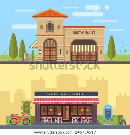 Landscape with buildings restaurant and cafe. Cityscape. Vector flat illustration Royalty-Free Stock Photo #246754519