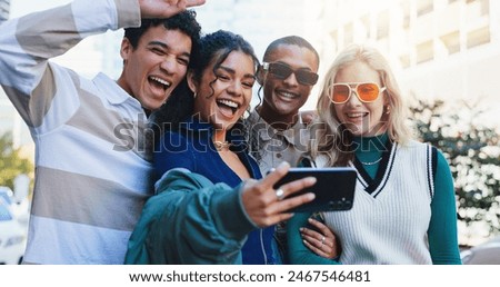 Friends, students and selfie outdoor in city with fashion for university website or profile picture for memory with trendy style. Diversity, happiness and gen z team with photography in Amsterdam.