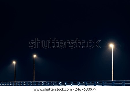 Street lampposts casts dim cold blue glow along shore pier standing against pitch black canvas of night sky paints poetic picture of pier in stillness of night, serenity of solitary moments
