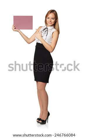 Beautiful smiling woman holding a blank billboard, isolated on a white background