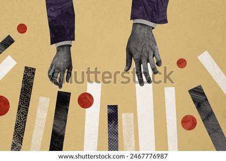 Composite photo collage of businessman hands hold company development charts statistics office worker isolated on painted background