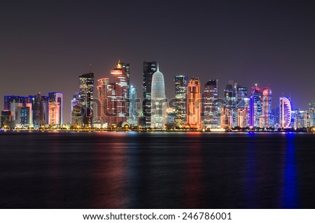 Doha skyline at night, Qatar, Middle East Royalty-Free Stock Photo #246786001