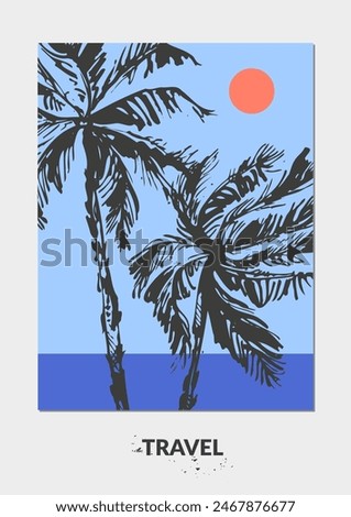 Vector colorful summer background, tropical landscape with palm trees, sun, beach, sea coast. For travel and vacation design, beach, swimming, hotel resort. Modern abstract minimalist flyer.