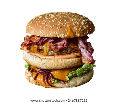 Big double cheddar cheeseburger fresh tasty hamburger. Large fresh burger with meat and cheese isolated on white background . consisting of bun, cheese, salad, red onion and tomato . Fresh tasty