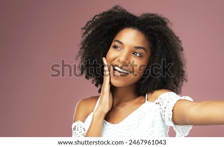 Happy, smile and selfie with woman in studio for social media, confidence and profile picture. Photo, happiness and relax with portrait of girl on pink background for beauty, self care and influencer