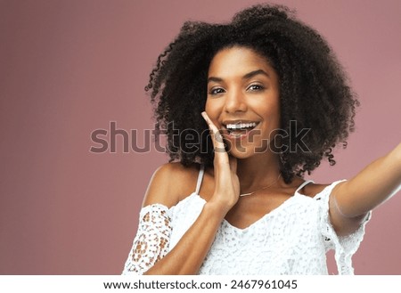 Excited, smile and selfie with woman in studio for social media, confidence or profile picture. Photo, happy and relax with portrait of girl on pink background for beauty, self care and influencer