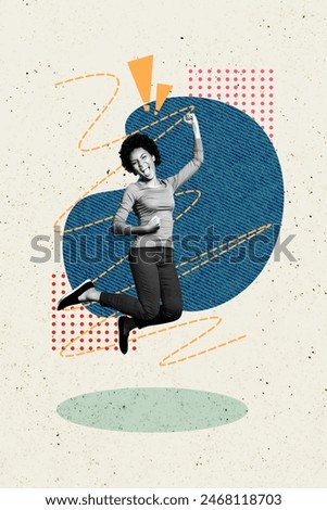 Vertical photo collage of excited american girl jump receive promotion achievement lucky lady development isolated on painted background