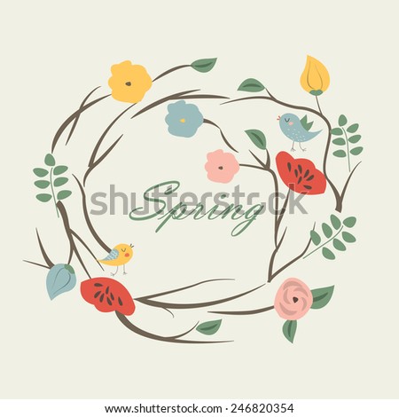 Floral wreath with birds in cartoon style. Spring background. Spring card