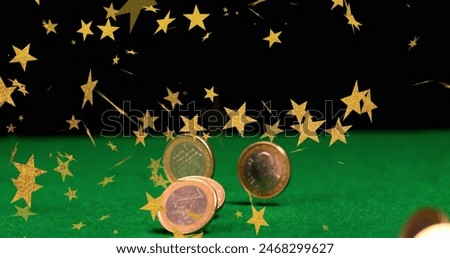 Image of stars over coins falling. Global gambling and digital interface concept digitally generated image.