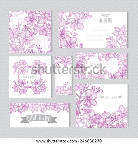 Elegant cards with decorative flowers, design elements. Can be used for wedding, baby shower, mothers day, valentines day, birthday cards, invitations, greetings. Vintage decorative flowers.