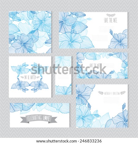 Elegant cards with decorative hibiscus flowers, design elements. Can be used for wedding, baby shower, mothers day, valentines day, birthday cards, invitations, greetings. Vintage decorative flowers.