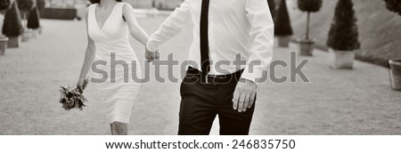 Happy just married couple. Wedding picture in black and white. 