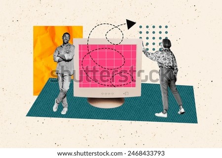 Composite photo collage of smile american guy old bossy woman stand pc monitor arrow up development goal isolated on painted background
