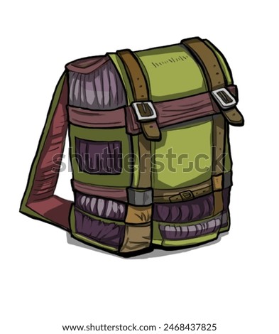 Line drawing backpack clip art game object children coloring thick thin contour stroke product design cartoon detailed 2D art flat illustration prop set outline hiking sports bag fantasy flat style 