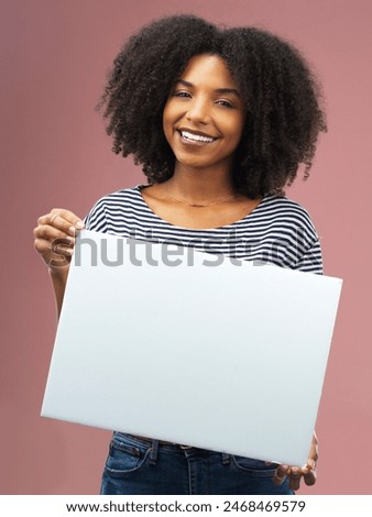 Paper, poster and portrait of woman in studio for information, news and board for marketing. Female person, mockup and placard with smile for advertising, promotion or announcement on pink background