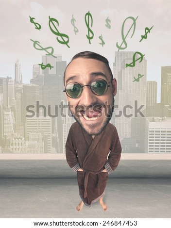 Funny guy with big head and drawn dollar marks over it