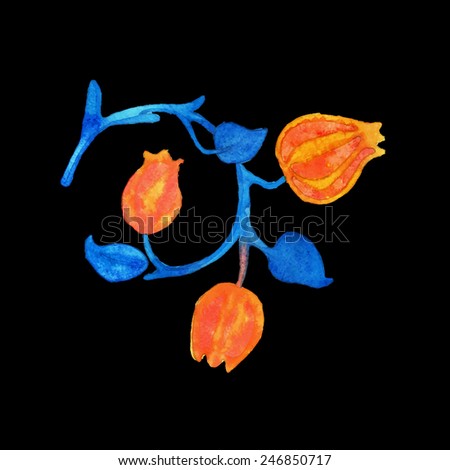 Watercolor colorful tulip flower pattern. Hand drawn plant aqua color wet template on black. Vector isolated watercolor painting.