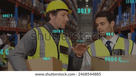 Image of financial data processing over caucasian men working in warehouse. Global shipping, business, finance, computing and data processing concept digitally generated image.